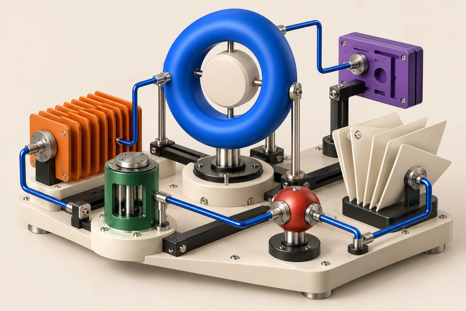 A sculptural assembly of orange, blue, purple, green, and cream parts joined by blue conduits.